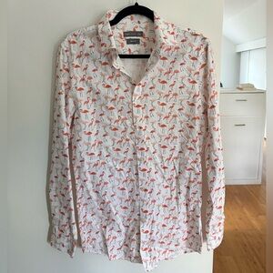 Slim Fit White Flamingo Print Button-Up Shirt